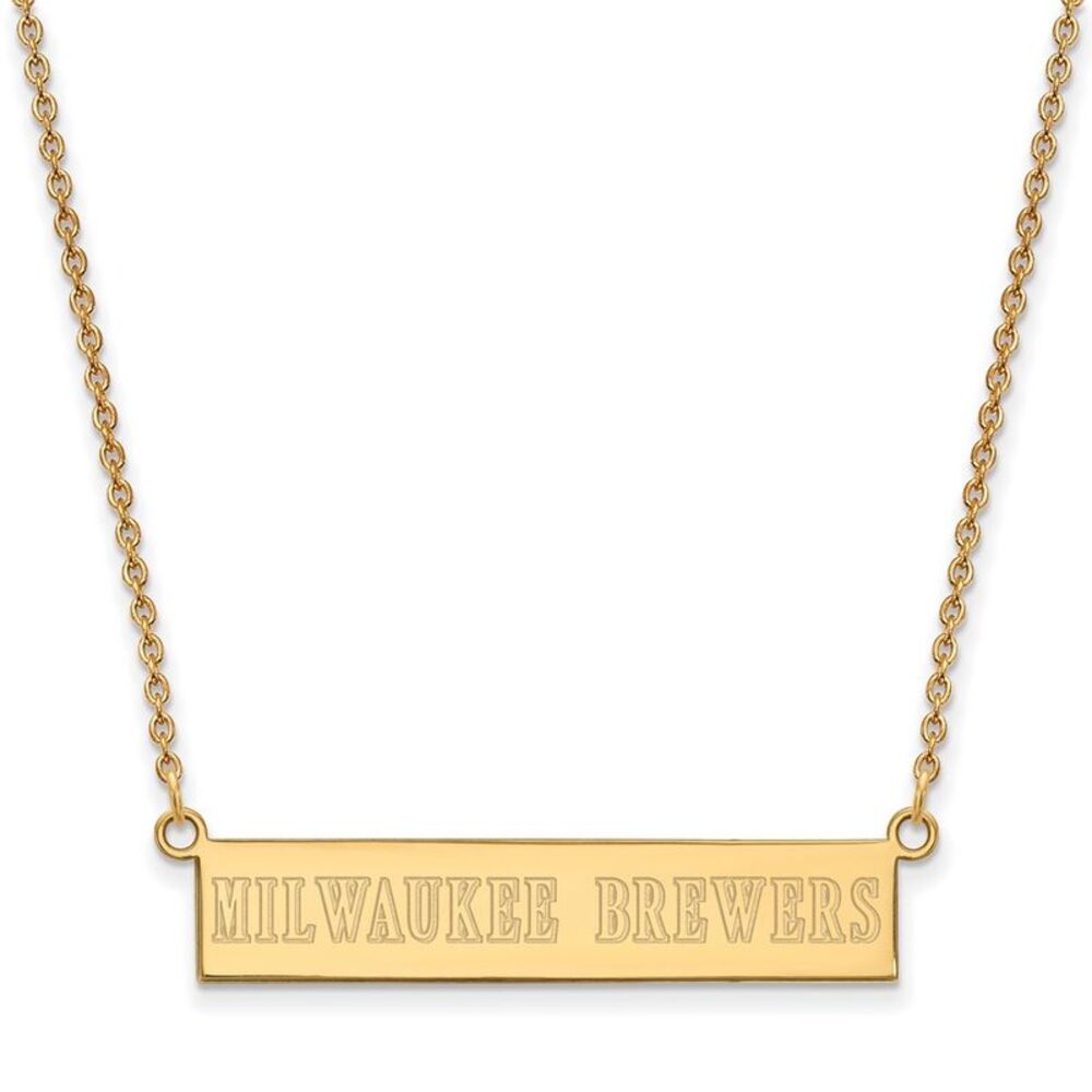 14K Gold Plated S.S. MLB Milwaukee Brewers Small Bar Necklace, 18 Inch